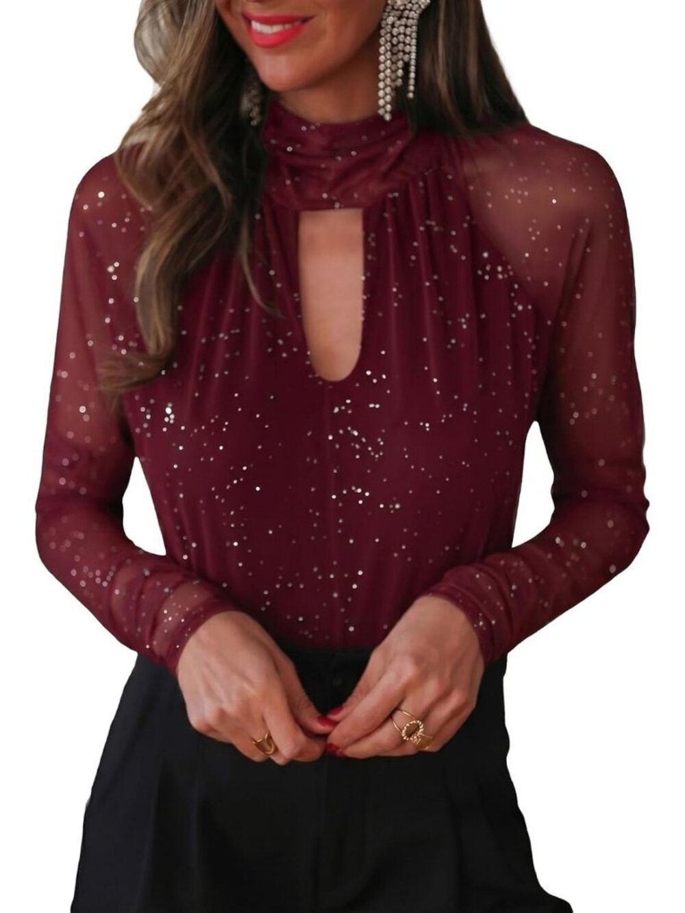 Women's Burgundy Sheer Mesh Sparkly Glitter Mock Neck Cutout Long Sleeve Top